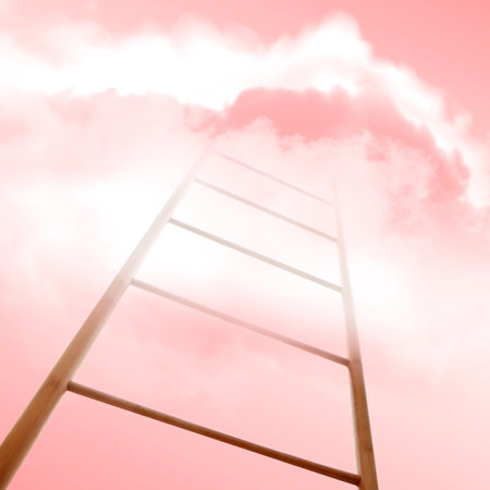 Wooden ladder leading to clouds. Concept of growth and developmentの写真素材