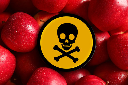 Skull and crossbones sign on fresh apples, closeup. Be careful - toxicの写真素材