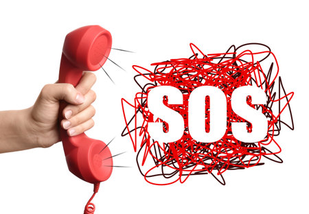 Woman holding telephone handset on white background, closeup. emergency SOS callの写真素材