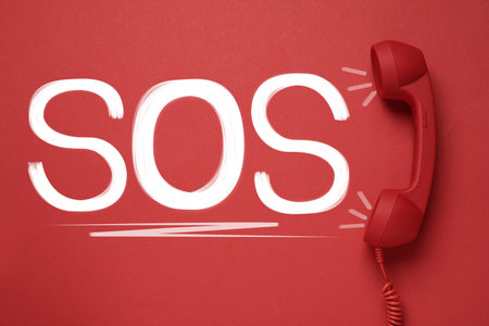 Telephone handset on red background, top view. emergency SOS callの写真素材
