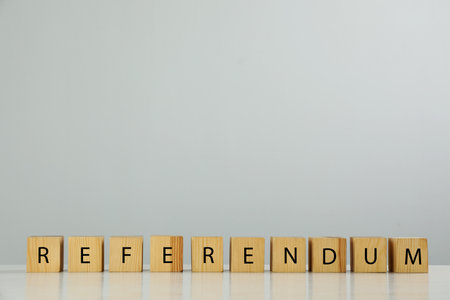 Word Referendum of wooden cubes on table against light gray background. Space for text