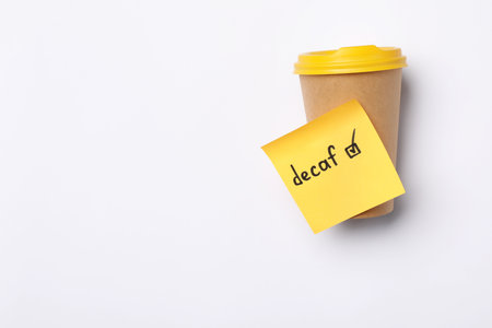 Note with word Decaf and checkbox attached to takeaway coffee cup on white background, top view. Space for textの写真素材