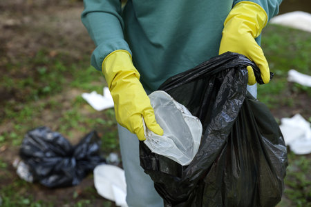 Woman with plastic bag garbage collecting on green grass outdoors, closeup