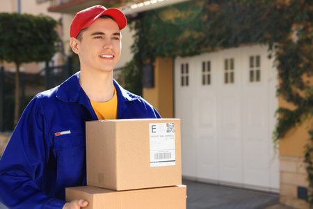Courier carrying cardboard boxes near house on city street