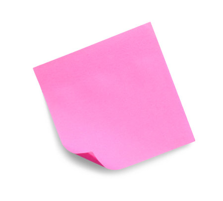 Blank pink sticky note on white background, top view