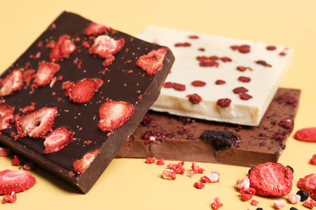 Different chocolate bars with freeze dried fruits on yellow backgroundの写真素材