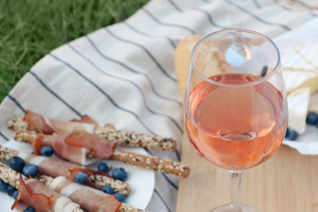 Glass of delicious rose wine and food on picnic blanket outdoors, closeupの写真素材
