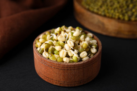 Wooden bowl with sprouted green mung beans on black background, closeupの写真素材