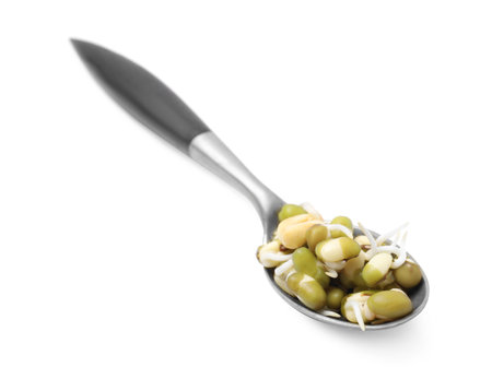 Spoon with fresh sprouted mung beans isolated on whiteの写真素材