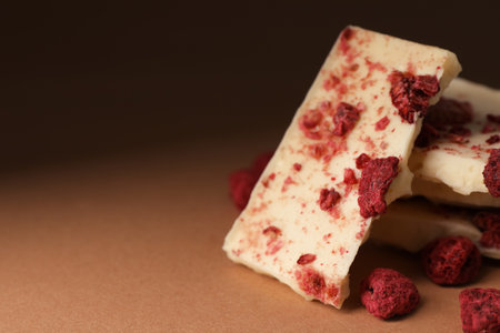 White chocolate with freeze dried raspberries on brown table, closeup. Space for textの写真素材