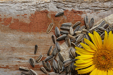 Sunflower seeds and flower on wooden table, flat lay. Space for textの写真素材
