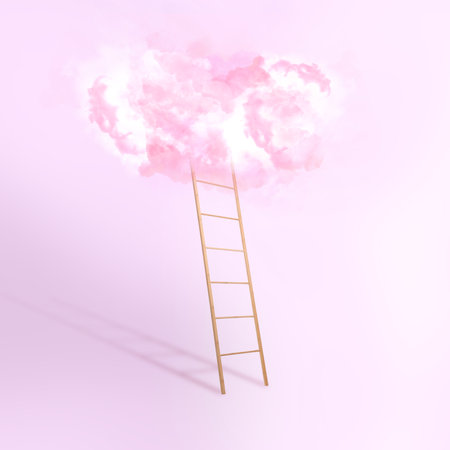Wooden ladder leading to white cloud on light pink background. Concept of growth and developmentの写真素材