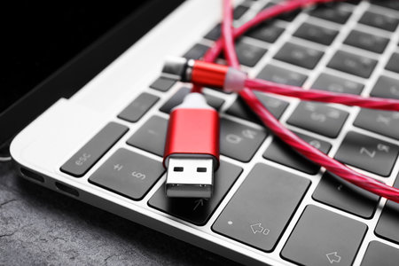 USB cable with type C connector on laptop keyboard, closeup