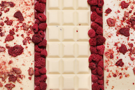 White chocolate bars with freeze dried fruits as background, closeupの写真素材
