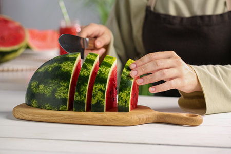 Woman cutting delicious watermelon at white wooden table indoors, closeup