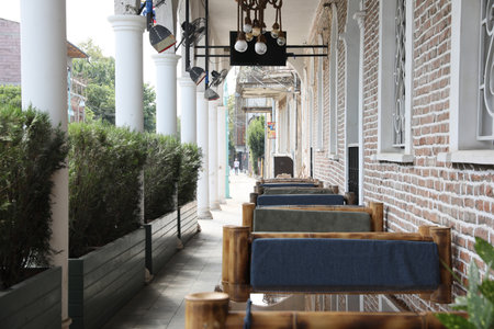 Kutaisi, Georgia - September 2, 2022: Beautiful wooden furniture near building outdoorsのeditorial素材