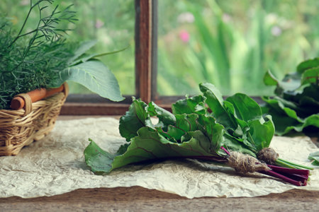 Different fresh green herbs on window sill indoorsの写真素材