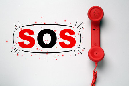 Telephone handset on light gray background, top view. emergency SOS callの写真素材