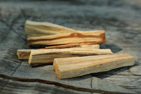 Palo santo sticks on wooden table, closeupの写真素材