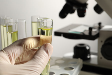 Doctor holding test tube with urine sample for analysis in laboratory, closeup