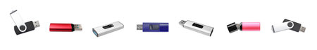 Set with modern usb flash drives on white background. banner design