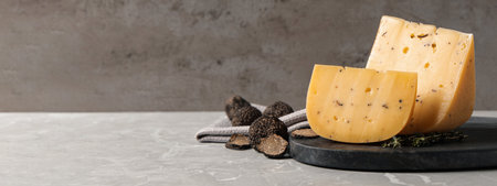 Fresh cheese and truffles on gray table, space for text. banner designの写真素材