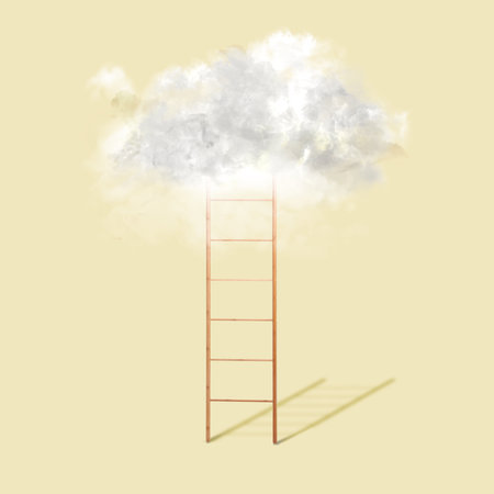 Wooden ladder leading to white cloud on light background. Concept of growth and developmentの写真素材
