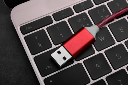 Red USB cable and laptop on dark table, closeupの写真素材