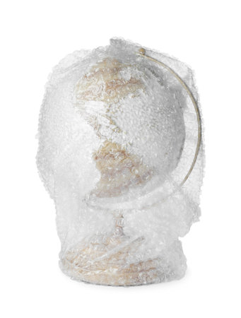 Globe in bubble wrap isolated on white. environmental protection concept