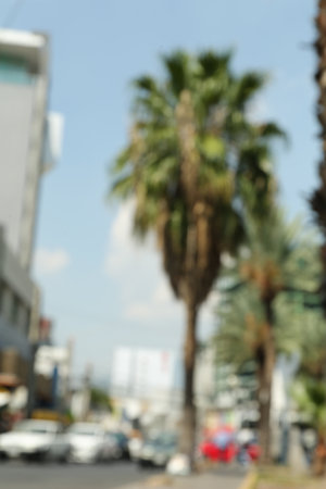 Blurred view of city street with palm trees and buildingsの写真素材