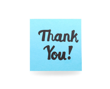 Light blue paper note with phrase Thank You isolated on whiteの写真素材