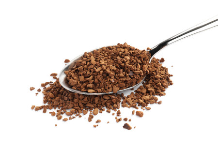 Spoon with aromatic instant coffee isolated on whiteの写真素材