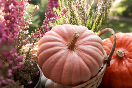 Wicker basket with beautiful heather flowers and pumpkins outdoors on sunny day, closeupの写真素材