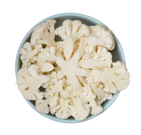 Bowl with cut fresh raw cauliflowers on white background, top viewの写真素材