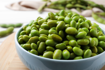 Bowl of delicious edamame beans on table, closeupの写真素材