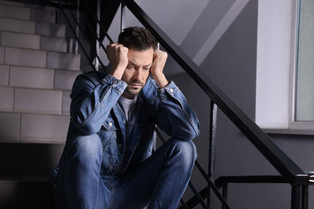 Upset man sitting on stairs indoors. Loneliness conceptの写真素材