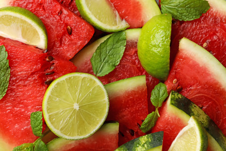 Cut juicy watermelon with lime and mint leaves as background, top viewの写真素材
