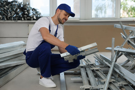 Construction worker with used building materials in room prepared for renovationの写真素材