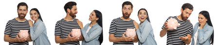 Collage with photos of people holding ceramic piggy banks on white background. banner design