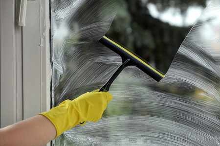 Woman cleaning glass with squeegee indoors, closeupの写真素材