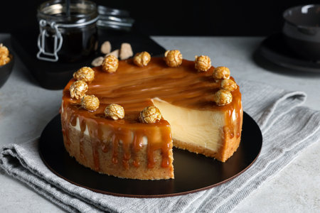 Sliced delicious cheesecake with caramel and popcorn on light gray tableの写真素材