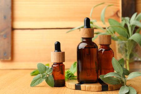 Bottles of essential oils and fresh herbs on wooden table, space for textの写真素材