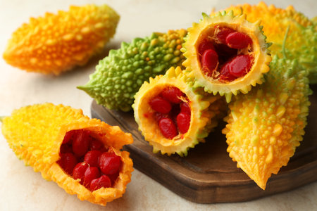 Fresh bitter melons on light table, closeupの写真素材