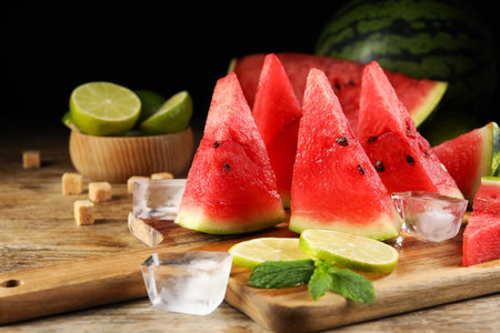 Tasty juicy watermelon, ice and lime slices on wooden tableの写真素材