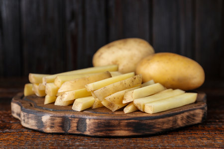 Whole and cut raw potatoes on wooden table, closeupの写真素材