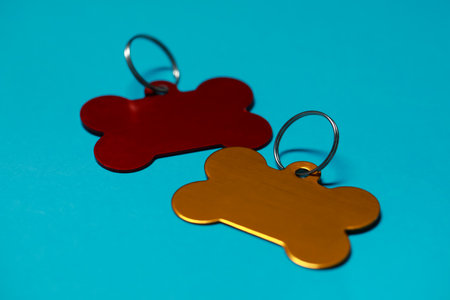 Color metal pet tags with ring on light blue background, closeup. Space for textの写真素材
