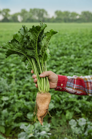 Man holding white beet in field, closeupの写真素材