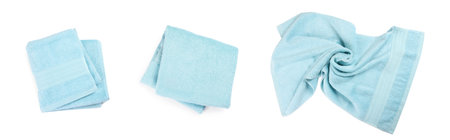 Set with soft terry towels on white background, top view. banner designの写真素材