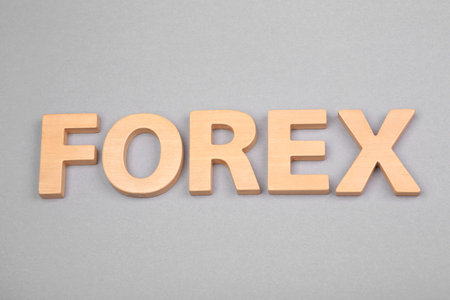 Word Forex with wooden letters on gray background, above viewの写真素材