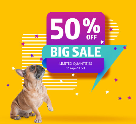 Advertising poster Pet Shop SALE. Cute dog and discount offer on yellow backgroundの写真素材